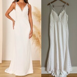 Precious Promise White Satin Embroidered Lace Mermaid Maxi Dress